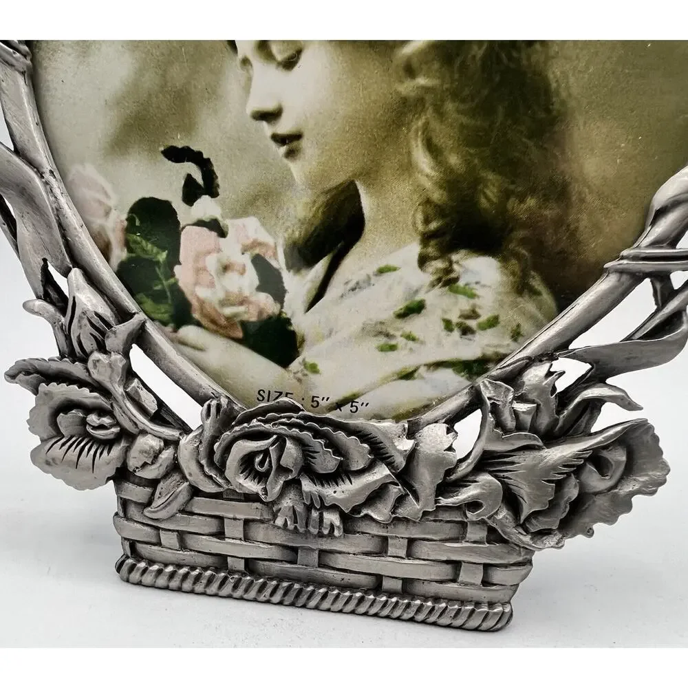 Vtg Pewter Heart Basket Floral Picture Frame Free Standing 5x5